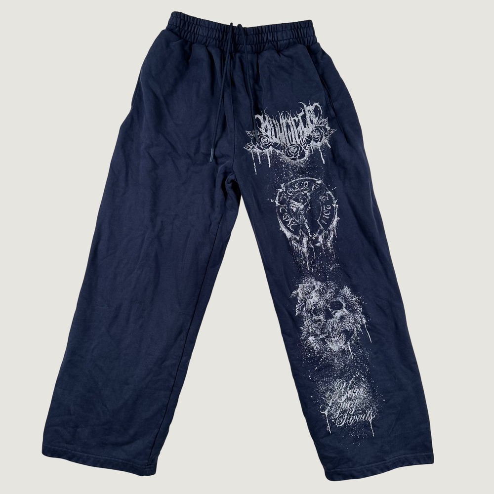 YoungLA Graphic Sweatpants Mens Metal Skull Rose S Blue Goth Metal Y2K Skater